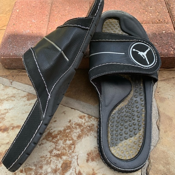 Jordan Shoes | Air Jordan Black Slides Preowned Slight Wear, Velcro Adjustable Strap | Color: Black/Silver | Size: 10.5 | Kmbueno's Closet
